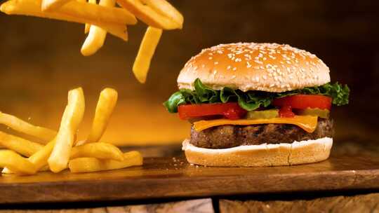 汉堡薯条升格慢动作广告素材高清在线视频素材下载