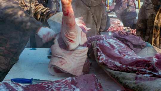 集市早市大集北方冬季新年肉类屠宰分割售卖