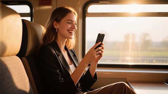 火车上女子使用手机画面