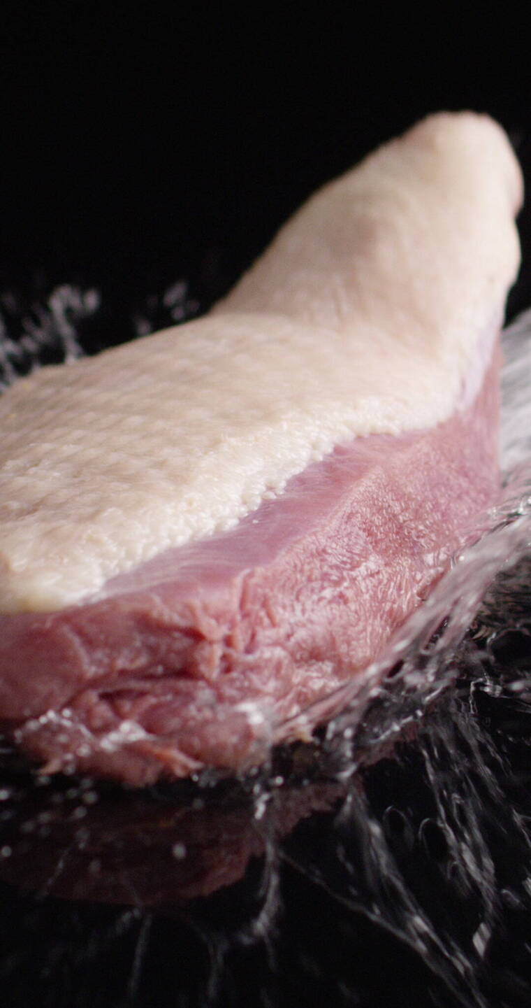 2K竖屏鸡胸肉掉入黑底水面