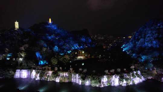 柳州盘龙公园瀑布流水夜景航拍