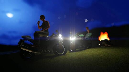 3D摩托车手围着营火闲逛