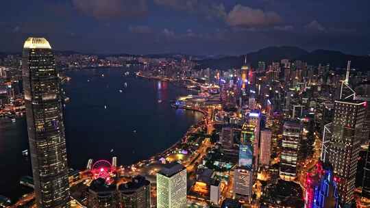 香港中环维多利亚港夜景灯光秀航拍