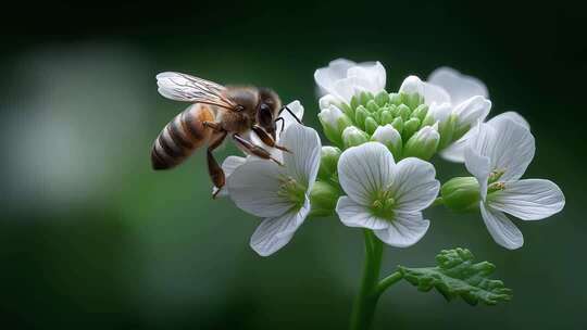 蜜蜂停留在花朵上采蜜的特写镜头