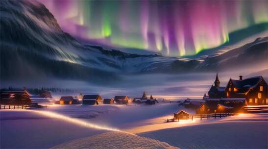 AI素材 极光雪景乡村夜景