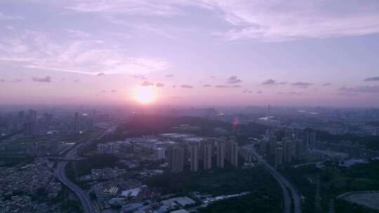 广州番禺夕阳落日晚霞与城市景观航拍