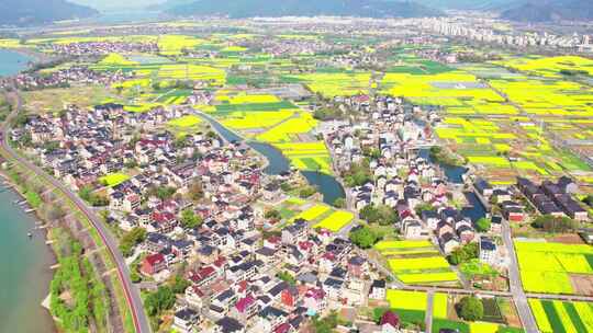 杭州富阳富春江两岸春天风景航拍