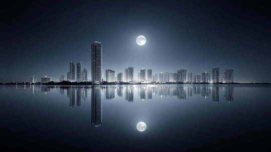 月光映照下的城市天际线波光粼粼