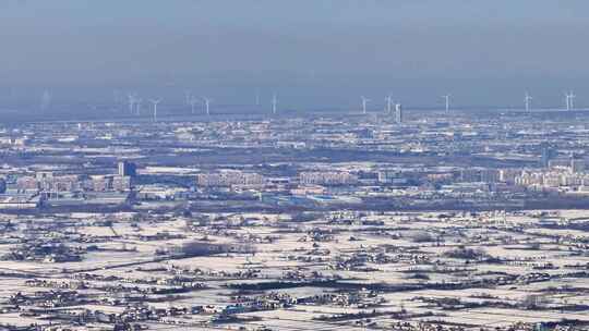 航拍乡镇雪景学校建筑田地大桥别墅河流房屋