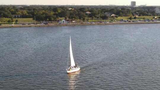 小艇在晴朗的天气里划过路易斯安那州新奥尔良的庞恰特雷恩湖