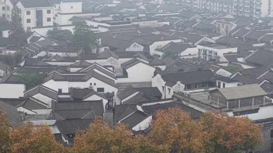 雾中俯瞰城市街道与特色建筑景观