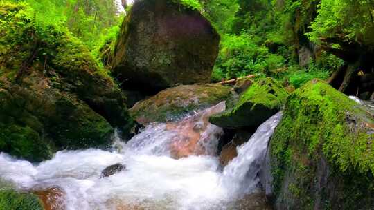 山间水流冲过青苔岩石