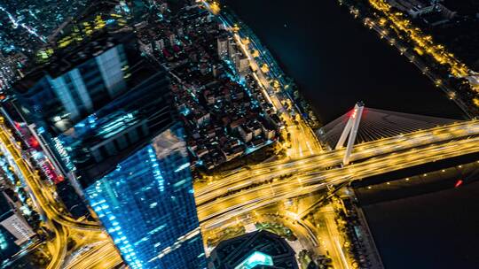 武汉城市高楼月湖桥夜景车流霓虹灯延时航拍