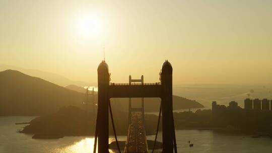 香港青马大桥航拍大景日落黄昏