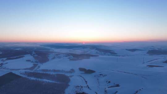 延时航拍 山区雪原暮雪冻雾迷漫