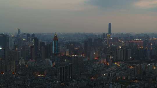 武汉汉口航拍夜景夕阳灯火高楼全景