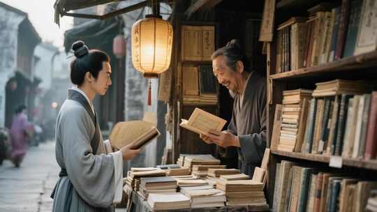 古代书生书摊购古书场景