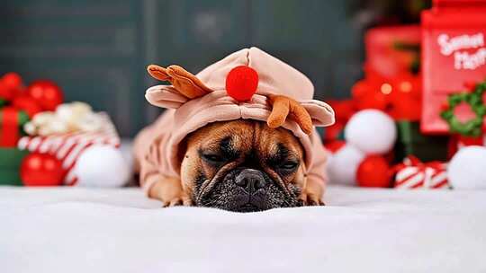 穿圣诞服饰的小狗趴着特写