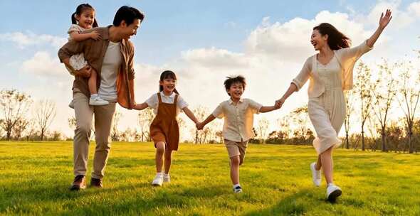 一家四口在草地牵手奔跑