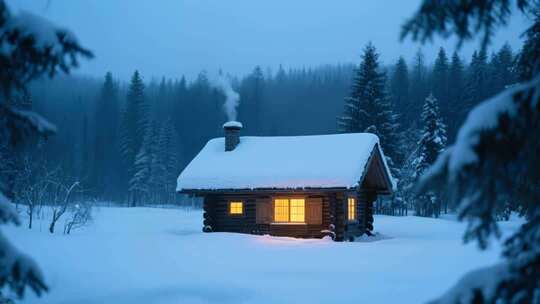 冬至雪乡木屋唯美冬天夜晚视频