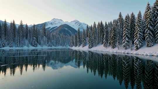 冬季雪山森林湖泊风景