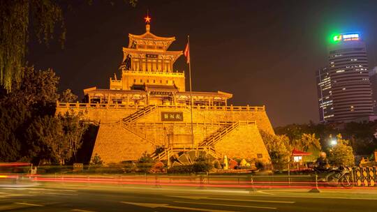 山东济南解放阁车流夜景延时摄影视频素材模板下载