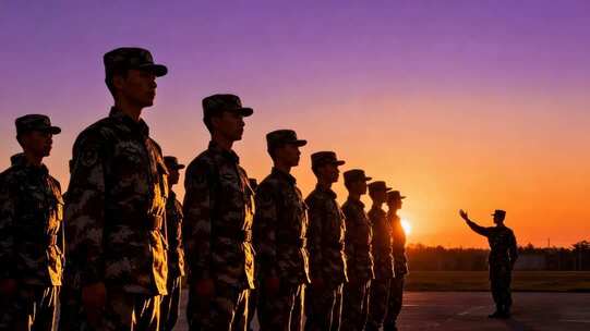 军人黄昏列队训练场景