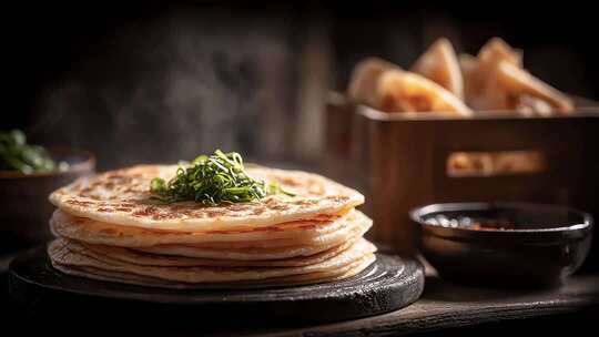 热气腾腾葱油饼美食诱人食欲