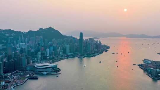 香港维多利亚港日落航拍后移延时