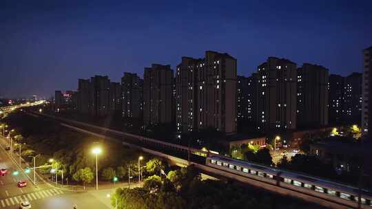 航拍上海城市轨道交通夜景