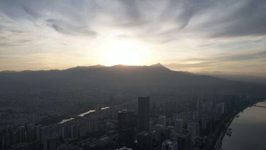 福建福州城市清晨闽江日出航拍