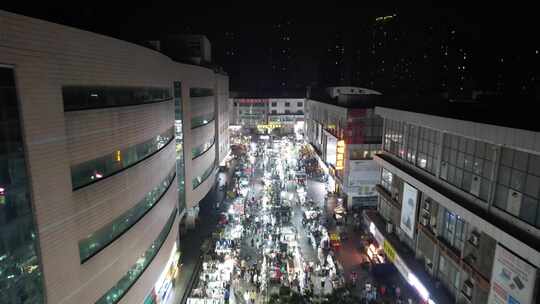 城市夜市步行街夜景人流航拍