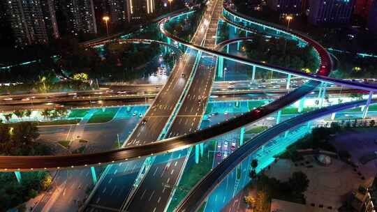 山东济南经十路燕山立交桥车流航拍风景夜景