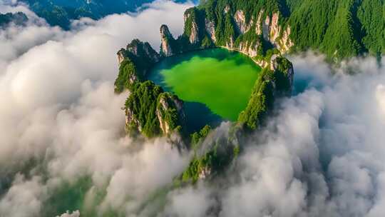 空中俯瞰高山环抱的碧绿湖泊