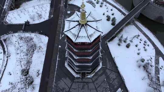 航拍洛阳朱樱塔雪景