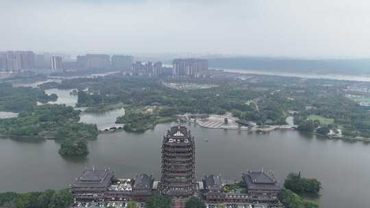 航拍四川眉山东坡湿地公园远景楼