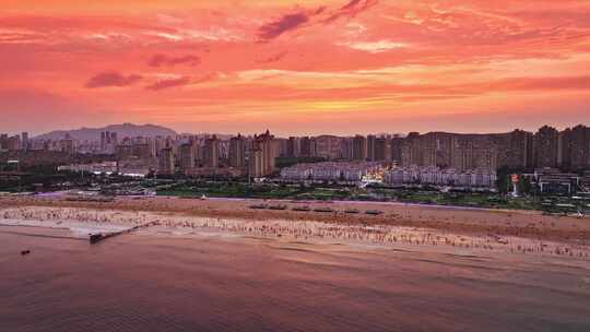 青岛金沙滩火烧云晚霞夜景