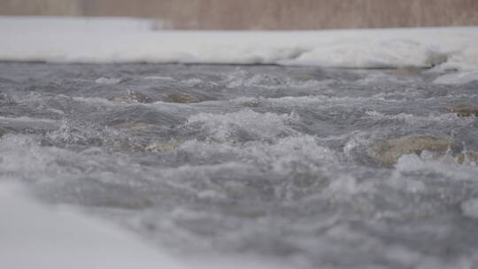 湍急的水流带冰雪河岸升格4k100帧灰片