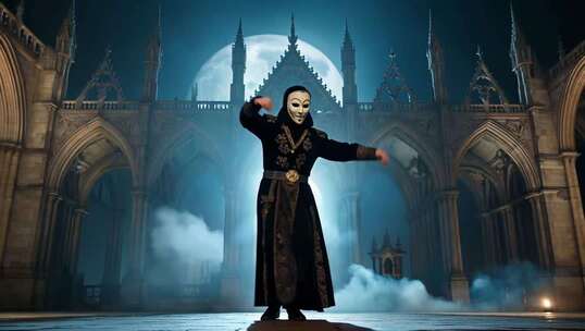 戴面具人物于城堡前表演