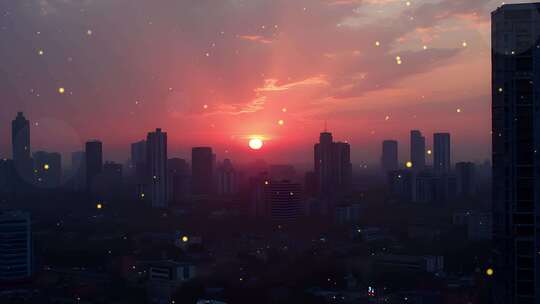 4k非主流黄昏城市夕阳舞台粒子背景