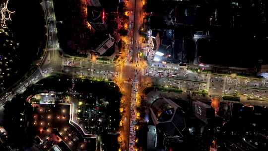 中国山东青岛城市夜景灯光秀航拍鸟瞰