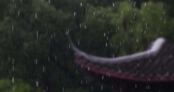 夏季雨中中式园林庭院屋檐雨滴