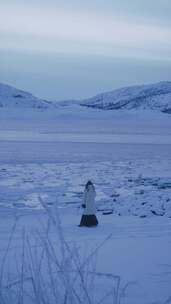 一个穿着冬装的女人站在雪地上，一片被覆盖