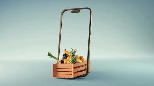 Mockup智能手机与成熟水果和蔬菜的3