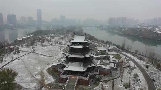 航拍衡阳市冬季雪景东洲岛雪景