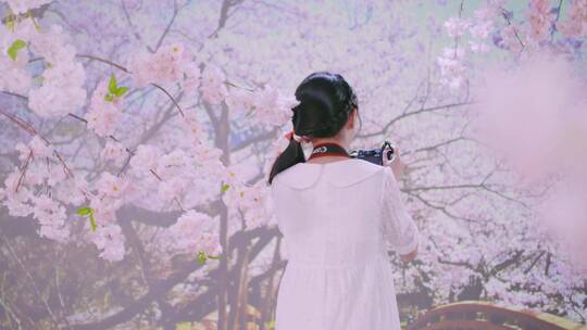 春天唯美浪漫写意小女孩富士山下拍照许愿