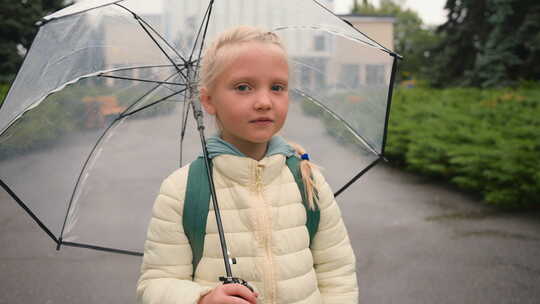 小欧洲女孩看着相机微笑着拿着雨伞雨天孩子