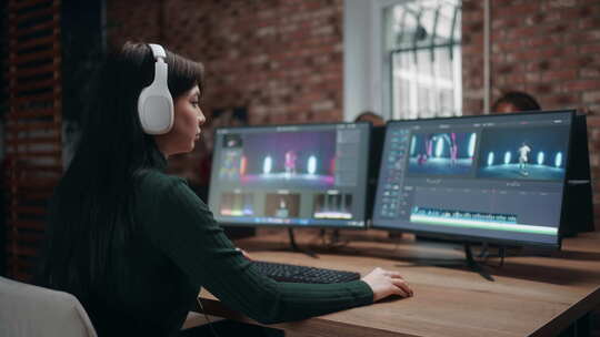 后期制作工作室的视频编辑女性正在使用计算机和电影制作软件