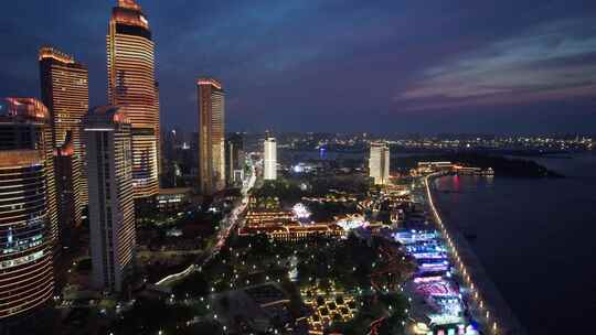 山东烟台城市夜景灯光航拍