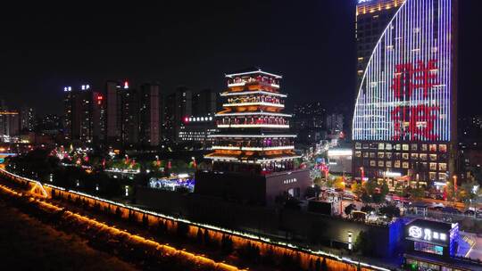 陕西安康美术馆夜景安康西城阁夜景航拍